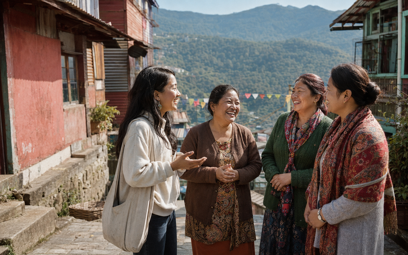 A local student and women community hosts together in a sunny Darjeeling hillside neighbourhood